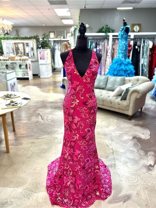 Jovani Dresses & Skirts - Jovani Hot Pink and Gold V-Neck Sequin Floral Prom Gown